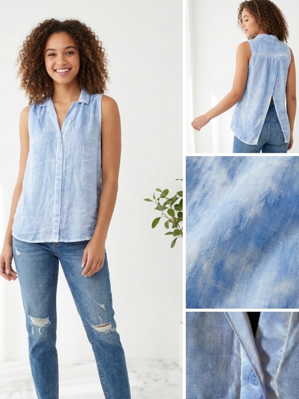 BEACHLUNCHLOUNGE Rayon Shirt Coastal Split Back Blue Wash Tank S
